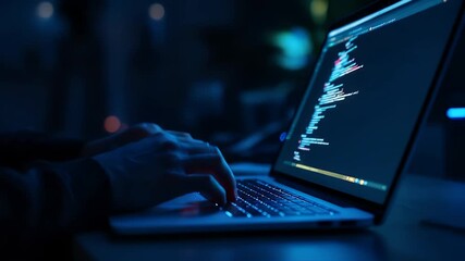 Coding in Darkness: The image depicts a close-up view of a person's hands typing rapidly on a laptop keyboard, their fingers dancing across the keys as lines of code glow on the screen.