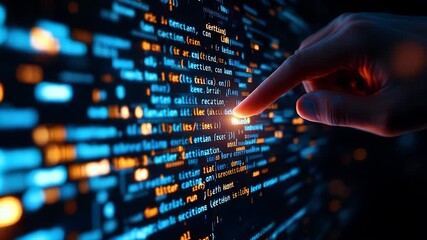 Digital Touch: A person's fingertip interacts with glowing code on a screen, symbolizing data analysis, technological advancement, and futuristic interaction.
