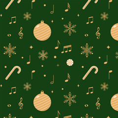 Wall Mural - Christmas ornaments seamless pattern.Merry Xmas repeat pattern with Christmas balls, candy canes, snowflakes and music notes.Luxury winter, new year pattern in gold isolated on green background.
