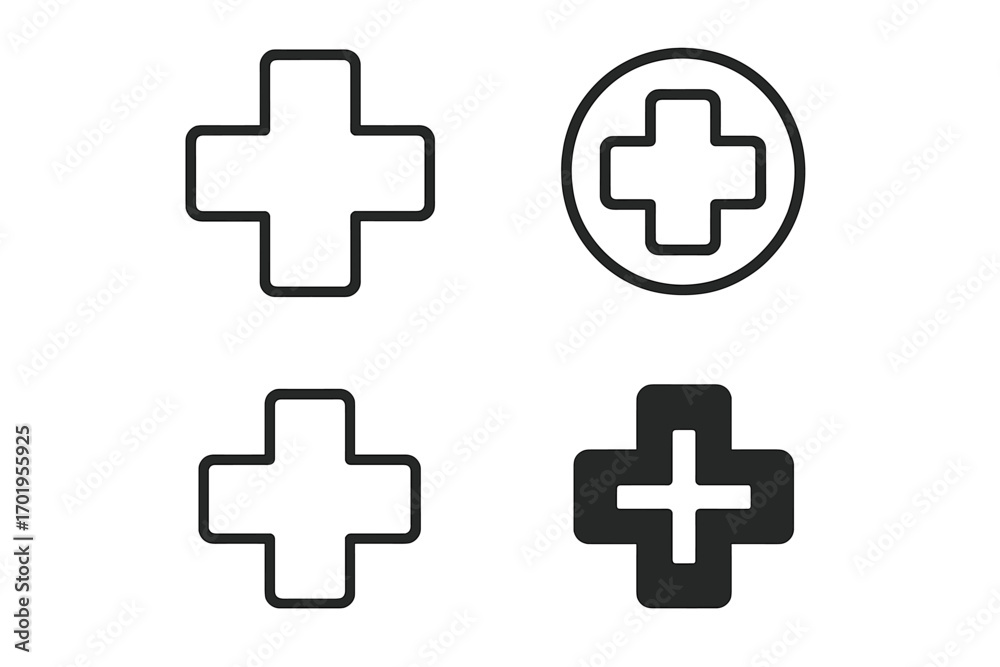 Medical cross plus sign icon set. Hospital, pharmacy symbol collection ...
