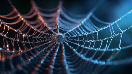 Web Weaver: A glistening close-up of a spiderweb glistening, illuminated with intricate detail, with morning dew, a symbol of nature's perfect architecture, evokes a sense of tranquility.