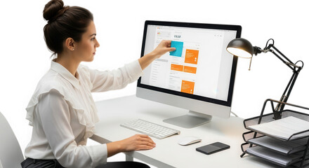 Woman using computer for ux design isolated on transparent background