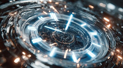 Wall Mural - Futuristic Clock Face with Glowing Elements and Abstract Design