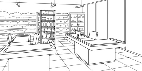 Grocery store shop interior black white graphic sketch illustration vector 