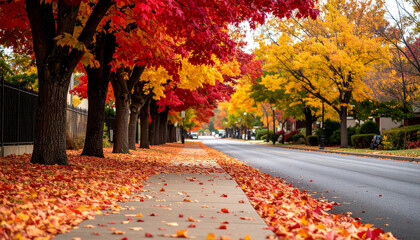 tree-lined street in autumn, showcasing vibrant red and yellow foliage