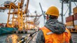 © Generative AI - Dock Worker Overseeing Shipping Operations at Port with Cranes, Cargo Containers and Logistics Infrastructure