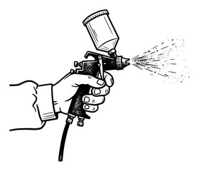 Wall Mural - hand holding black and white spray gun spraying paint simple style black and white outline line art 