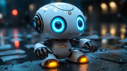A futuristic, adorable robot sits on a wet urban surface, its luminous eyes and glowing feet captivating the viewer.