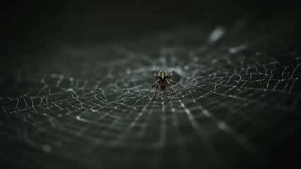 Spider weaving intricate web in dark, moody environment