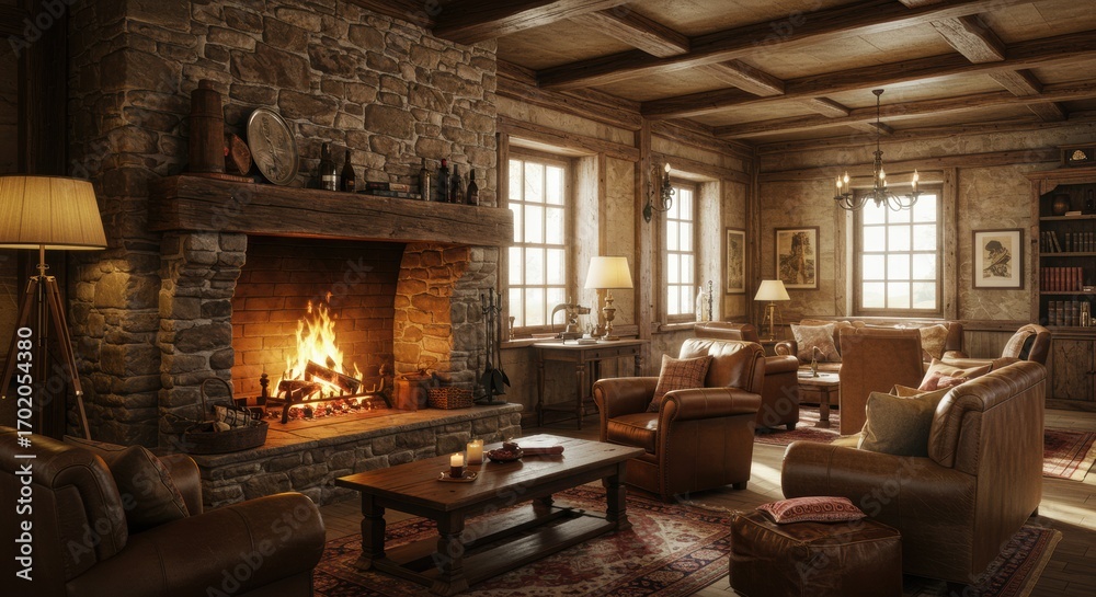 Cozy and inviting rustic living room with a roaring fireplace ...