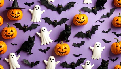  Halloween themed flatlay of pumpkins, bats, ghosts and cats
