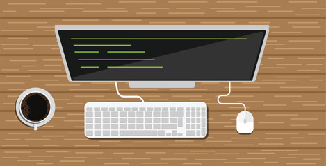 Computer with Programming Code on Wooden Background with Coffee Cup. Coding and building an app or website equipment vector