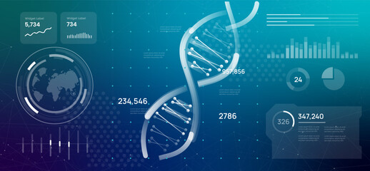 Futuristic digital dashboard featuring world map with central DNA helix illustration representing themes of genetics biotechnology scientific research and global health data