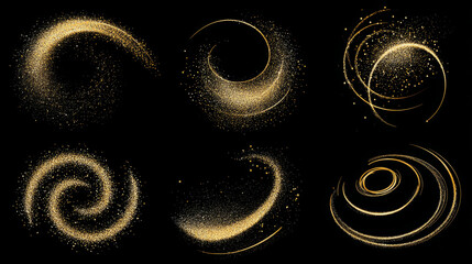 Wall Mural - Golden Glitter Particle Swirls on Black Background