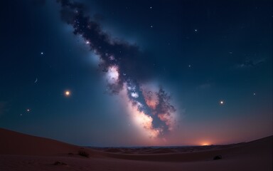 Desert Night Landscape with Bright Galaxy and Glowing Celestial Body. High quality
