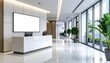 © Ana - Modern office reception area with blank screen with plants, and and natural light.