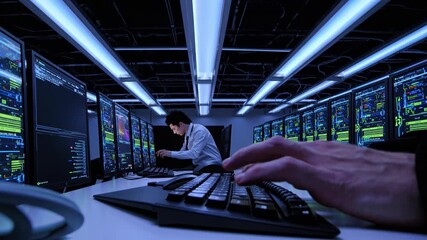 Network engineer working late at night in a futuristic technology center, typing on a keyboard and managing systems with displayed code and data on multiple screens