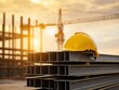 © Normal Desing - Heavy industry action steel beams with yellow helmet construction site industrial photo blurred scaffolding and crane golden hour concept