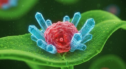 A red spherical object with blue crystals on a green leaf