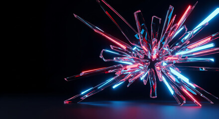 Futuristic tech background with holographic glass shards in crimson and light blue. Abstract data array with a dynamic shattered effect.