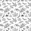 © Nataliya Pokrovska - Hand drawn seamless pattern with autumn leaf symbols in black brush stroke texture on white. Vector sketch illustration in vintage charcoal ink. Chestnut, ginkgo