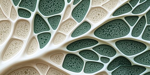An abstract, biological-inspired background with a porous, web-like pattern in green and beige.
