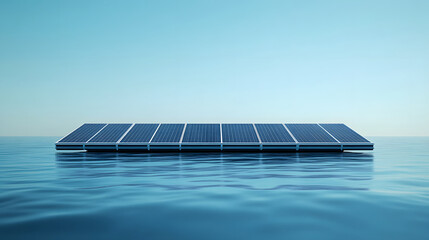 Floating solar panel array is isolated on calm blue water surface, reflecting serene sky. innovative design highlights renewable energy technology in tranquil setting
