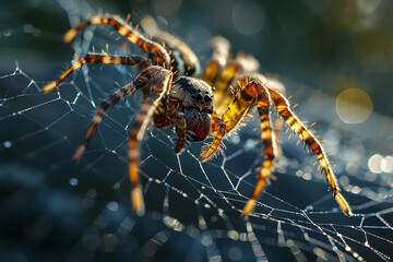 Spider weaving web with morning dew glistening in soft sunlight at dawn in a natural environment