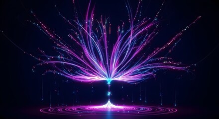 Abstract glowing particles exploding from a central light source, creating a vibrant, futuristic, and energetic display of light trails and bokeh effects on a dark background