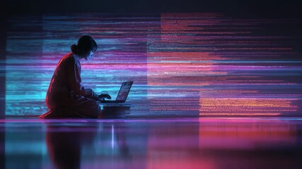 Programmer coding with glowing digital effects