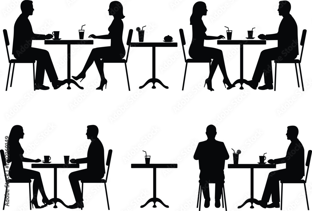 Silhouettes of Couples Sitting at Tables, Drinking Coffee and Juices, Romantic Date, Cafe Scene, Conversation, Relaxation, Vector Illustration