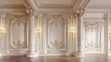 Elegant Interior Design with Ornate Plasterwork, Columns, and Wooden Flooring for Luxury Residences and High-End Spaces