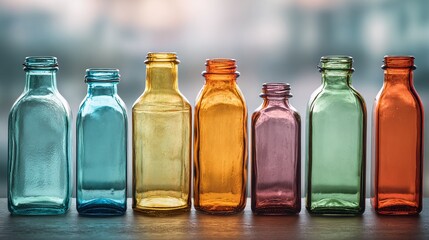 Colorful glass bottles in a row, showcasing a spectrum of transparent hues from blue to orange, reflecting ambient light and adding visual interest.