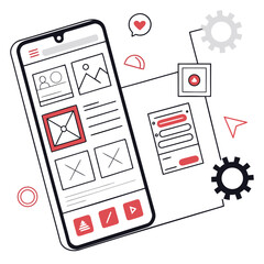 Modern flat design illustration of a smartphone displaying a wireframe layout with user interface elements and gears symbolizing development and design processes