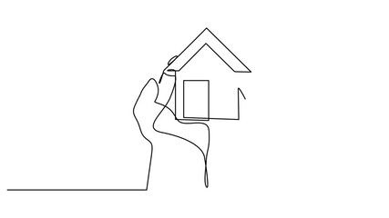 Self drawing animation of hand holding modern flat roof house or commercial building. Minimalist line simple 4k animated video