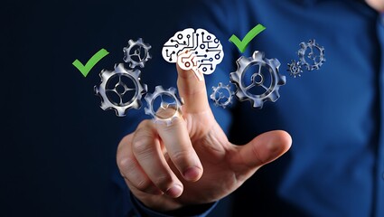 Hand interacting with futuristic ai brain and gears interface