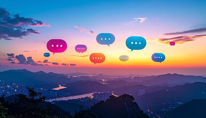 Vibrant illustration of social networking and global communication, with message bubbles floating above a scenic city at sunset
