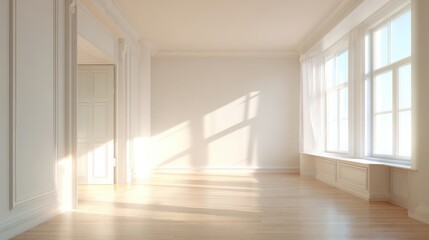  Bright, modern empty room with natural light streaming through windows, perfect for interior design concepts