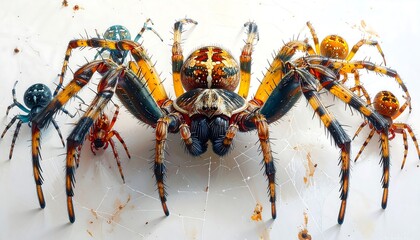 A detailed close-up of a colourful spider with intricate patterns and delicate web structure, showcasing the vibrant hues and textures of its body and surrounding environment.