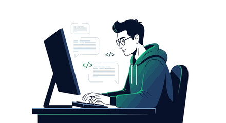 A Programmer Working On Code, Digital Illustration Of A Tech Concept And Development Ideas