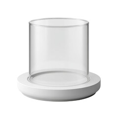 Elegant transparent cylinder sitting gracefully on a crisp white circular platform minimalist