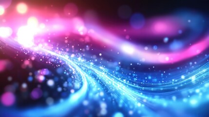 Abstract glowing pink and blue light streaks with bokeh effect.