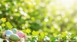 © Arie - Easter eggs pastel colors in nest among spring foliage sunny bokeh springtime celebration high quality professional