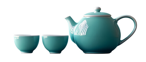 Elegant glass teapot with crystal-clear cups beautifully displayed on transparent background perfect for serene tea moments and refined lifestyle visuals