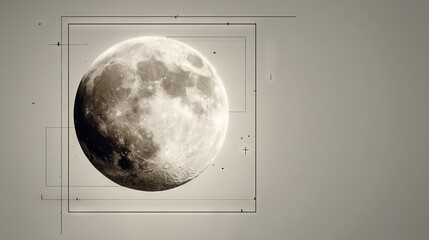 Bright full moon on minimal off-white background with black geometric lines, modern editorial composition perfect for posters, astrology designs, digital wallpapers, science illustrations, and cosmic 