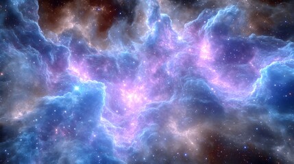 A vibrant display of swirling nebulae, showcasing luminous clouds of blue and pink hues against a dark cosmic backdrop.