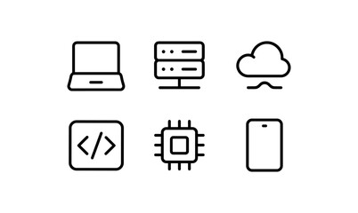Minimalist tech icons: laptop, server, cloud, code, microchip, smartphone