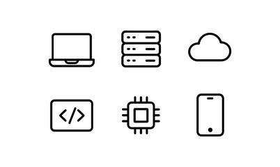 Minimal tech icons: laptop, server, cloud, code, chip, smartphone
