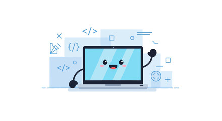 Friendly Animated Laptop Character Greeting, Coding Symbols, Technology Illustration Design