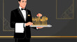 © SARA - Elegant waiter holding golden cutlery on a tray for a fine dining experience